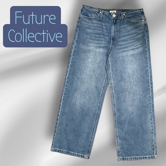 Future Collective Mid Rise Wide Leg Jeans Size 8 Light Blue X-Back Modern Casual - Picture 1 of 4